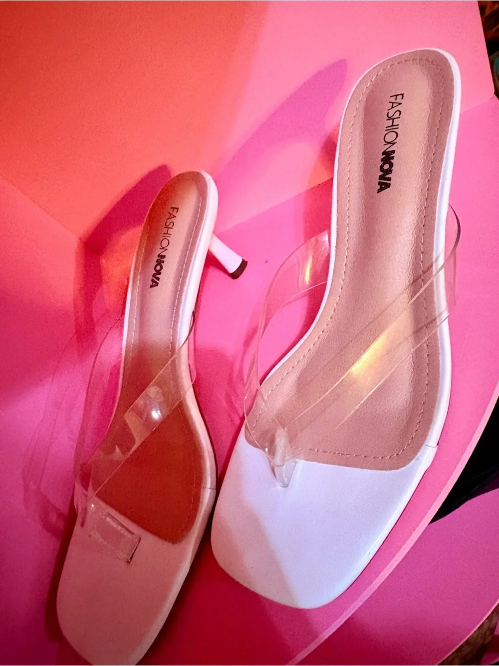 Fashion Nova White & Clear-Strap Kitten Heel Sandals